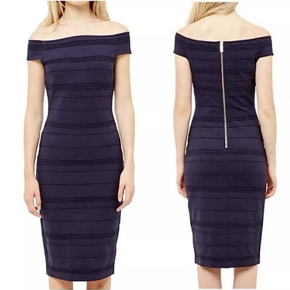 Ted Baker London Textured Off Shoulder Navy Bodycon Dress Size 3‎ US Size 8